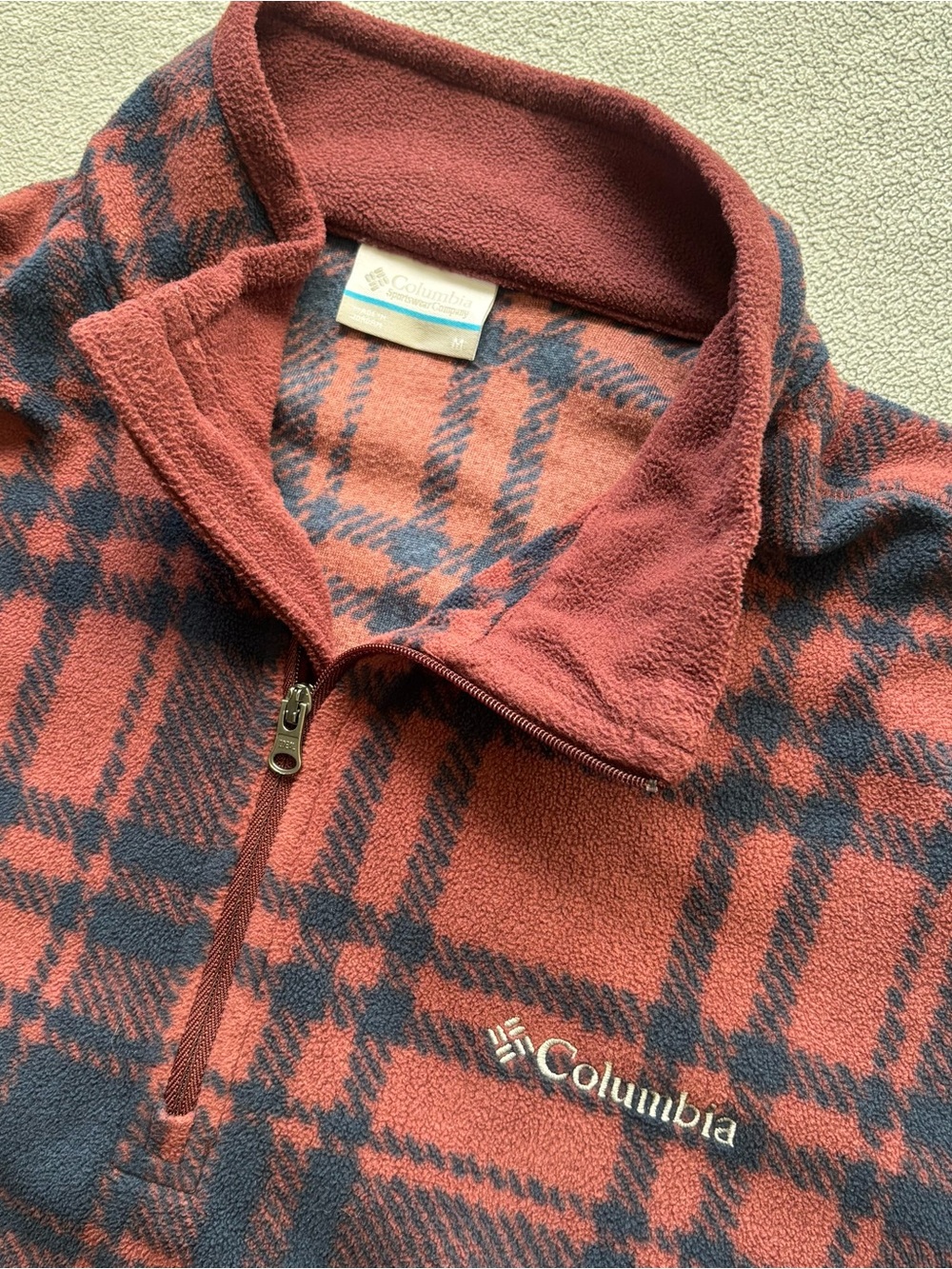Columbia Men's Rust and Navy Plaid Quarter-Zip Fleece